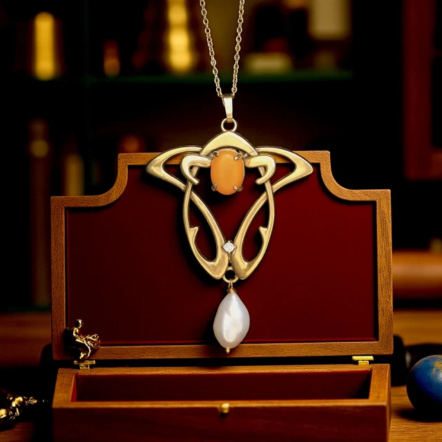 Collier Pendentif Doré Vieilli Avec Agate Mousse Et Perle De Pierre De Lune Véritable - Modèle SB22 - Neuf Sans Emballage