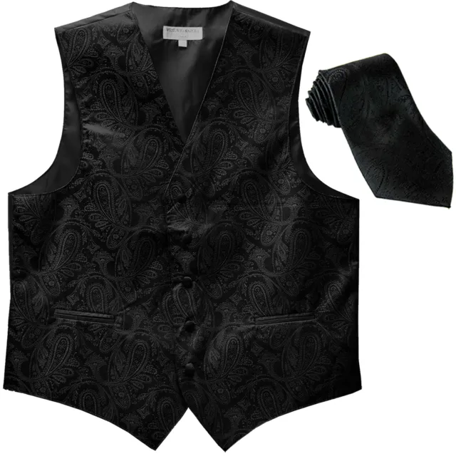 New Vesuvio Napoli Men's paisley formal Tuxedo Vest Waistcoat_Necktie Black