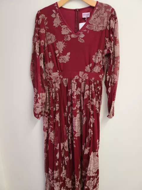 WINE Color Women’s Velvet Mesh Floral Print Lined Long Sleeve Dress Sz M