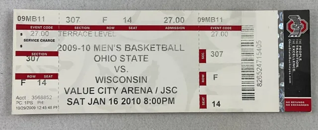 CBK 2010 01/16 Wisconsin at Ohio State Basketball Ticket-Jon Leuer