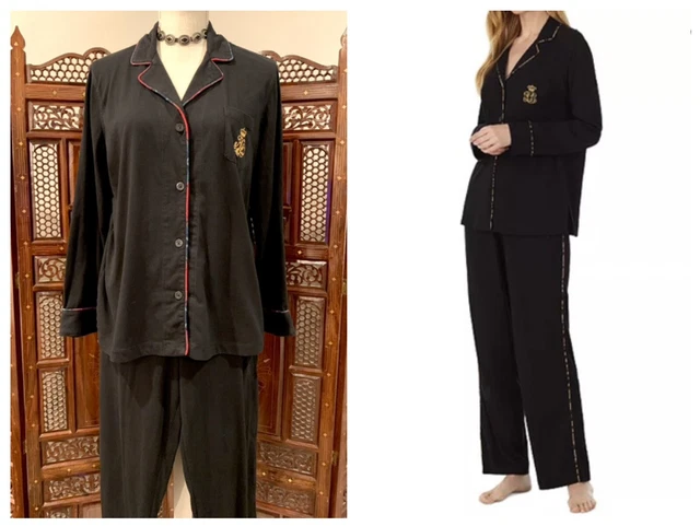 Ralph Lauren Medium Black Gold Crest Logo Notch Collar Cotton Blend Pj Set Euc