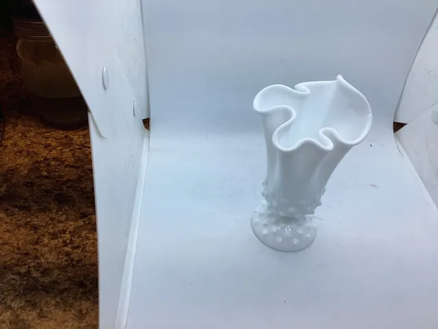 VTG Fenton Milk Glass Hobnail Swung Stretch Vase Handkerchief Design