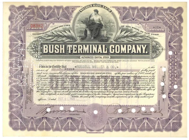 Bush Terminal Company. Stock Certificate. Dated October 29, 1929. Black Tuesday