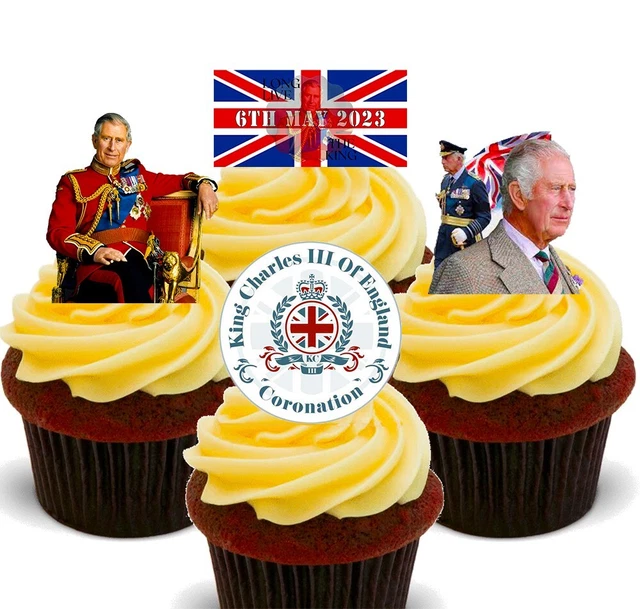 KING CHARLES CORONATION Edible Cupcake Toppers, Royal Fairy Cake Bun