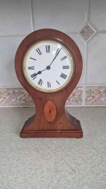 LOVELY EDWARDIAN INLAID BALLOON MANTLE / SHELF ENAMELLED CLOCK 31cm TALL