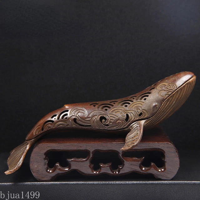 Antique Copper Whale Small Statue Desktop Ornaments Sea Figurines Incense Burner