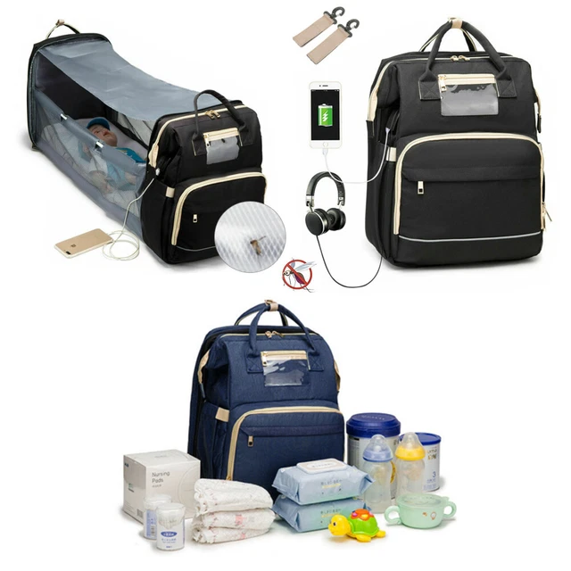 Foldable 3in1 Baby Diaper Bag Mummy Travel USB Backpack W/Changing Station Pad