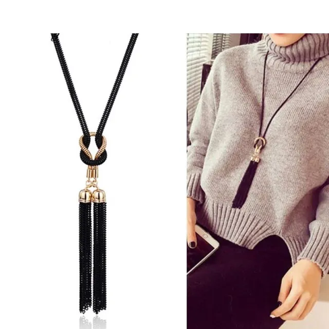 Tassel Pendant Necklace Black Long Chains Fringe Charm Pendants Women Necklaces