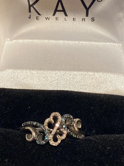 Jane Seymour Open Heart Wave Blue & White Diamon Sterling Silver Ring 7