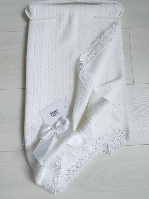 Romany Spanish Baby Blanket Shawl White with White Lace and White bow