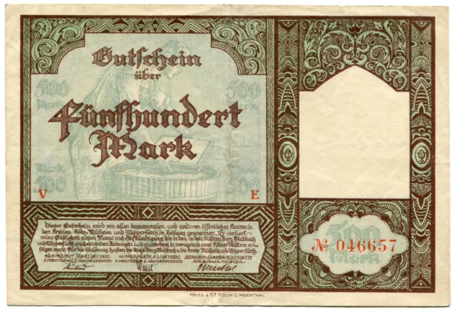 REICHSBANKNOTE-Gutschein-INFLATION-1922-500Mark-Köln-Mülheim-NOTGELD- Kriegsgeld