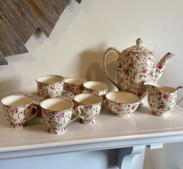 Vintage Royal Winton Chintz 16 pc. Coffee Set Rose du Barry Excellent
