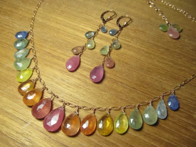 95.55 Rainbow Sri Lanka Sapphire Faceted Beads 14K Rose Gold Filled Necklace Set