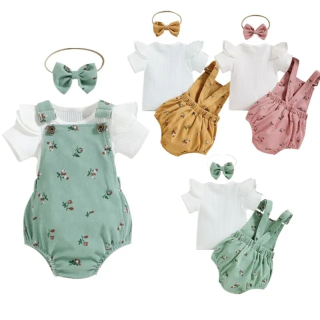 Little Baby Girls Outfits Short Sleeve Ribbed Tops+Floral Romper+Headband Set