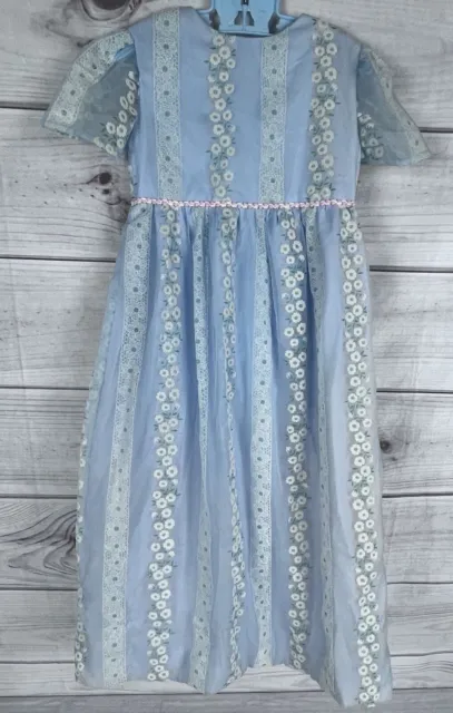 Vtg. 70's Girls Maxi Dress Blue Stripe Flocked Daisy Print Prairie Boho 5/6