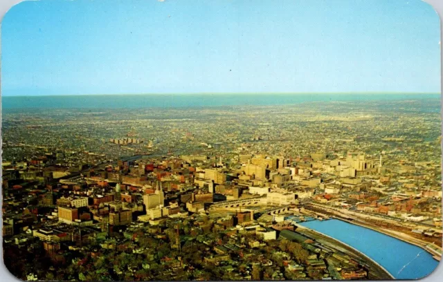 Rochester NY Aerial View Genesee River Lake Ontario c1950s postcard CQ2