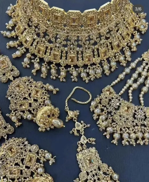 Gold Indian Pakistani choker set bridal set with choker tikka jhumar earrings