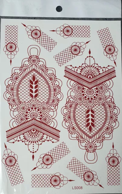 Lace Flower Indian Red Mehndi Henna Design Temporary Tattoo UK Seller Free P&P.