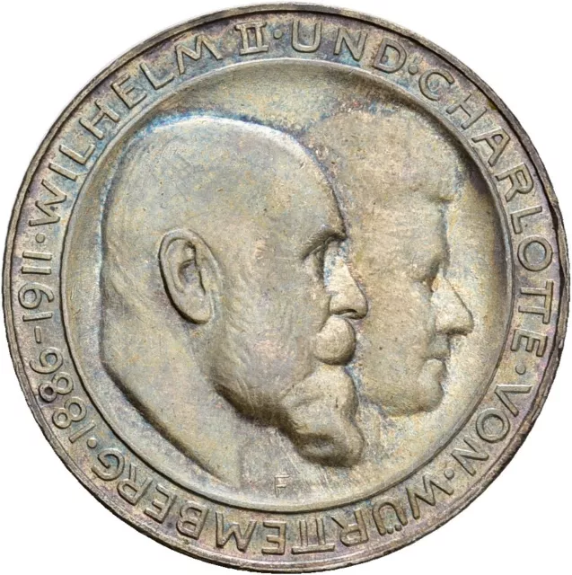 Künker: Württemberg, Wilhelm II., 3 Mark 1911 F, zur Hochzeit, Prachtexemplar!