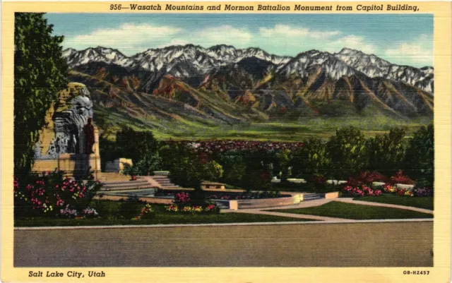 Vintage Postcard- Wasatch Mountians, Mormon Battalion Monument, Salt Lake City,