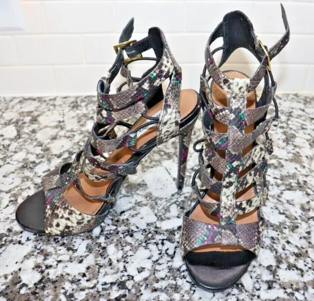 Steve Madden Prefixx Snake Pattern Sandals Heels Multicolor Ankle Strap Size 9 M