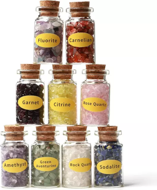 a Set of 9 Different Crystal Gemstone Chips in Glass Bottles-Chakra Healing Tumb