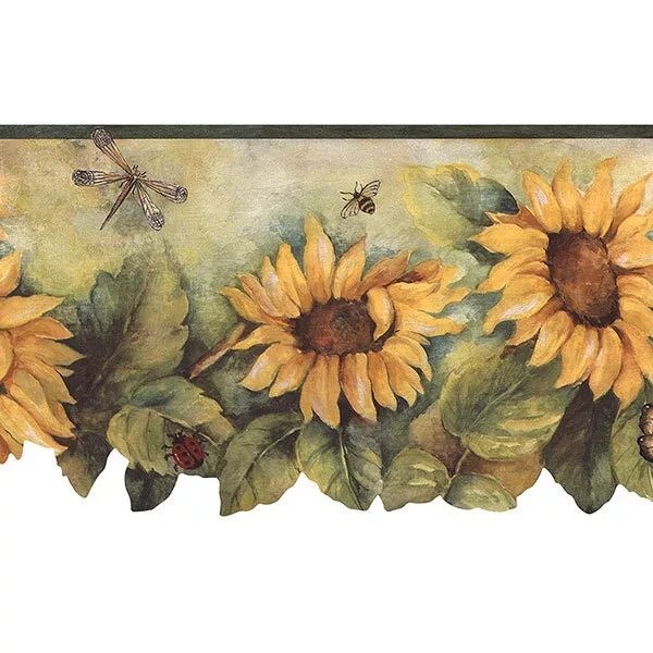 BG71362DC Dark Green Yellow Sunflower & Insect Wallpaper Border