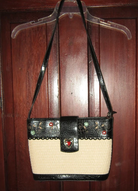 Purse Handbag Shoulder Bag Faux Vegan Leather Straw Jeweled Flowers Heart Black