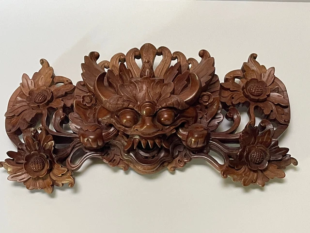 Vintage Wood Sculpture Carving Large Asian Bali Iconic Wall Hanging Statue 1960
