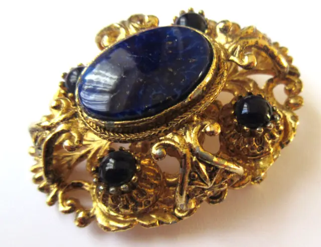Vintage Sphinx Brooch Unsigned Goldtone & Glass Lapis Lazuli Cabochon Brooch
