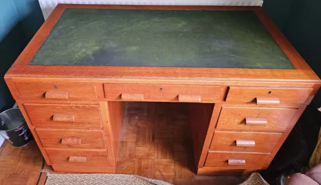 vintage art deco pedestal writing desk with green leather top