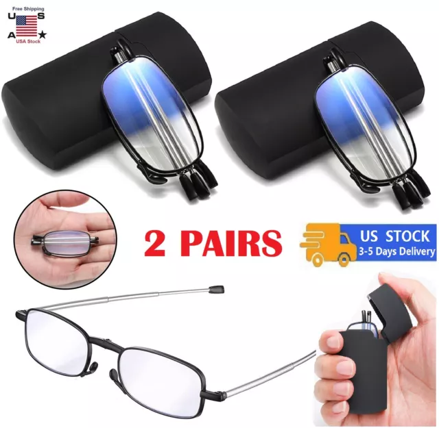 2 PAIRS Metal Compact Folding Anti-Blue Light Reading Glasses w/ Carrying Case