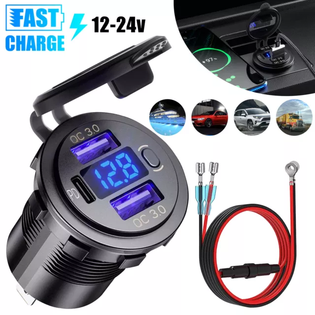 USB C Car Charger 20W PD &Dual 18W QC3.0 Port Outlet Sockets for 12V 24V Boat RV