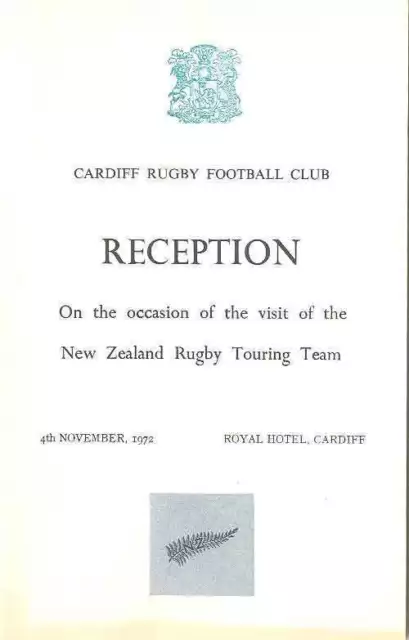 CARDIFF v NEW ZEALAND 1972 RUGBY DINNER MENU CARD EDDIE THOMAS COLLECTION