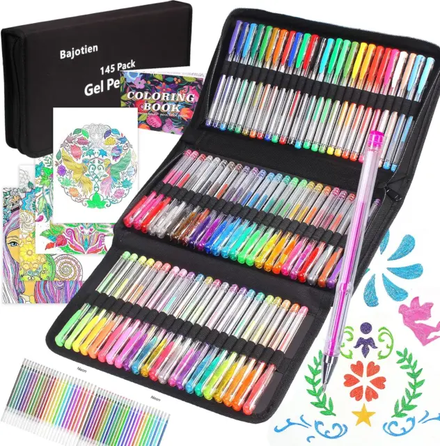 145 PACK GLITTER Gel Pens Set 72 Unique Colours & 72 Refills