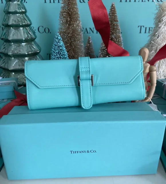 Tiffany&Co Blue Leather Jewelry Roll Travel Accessory Case Small W Box New