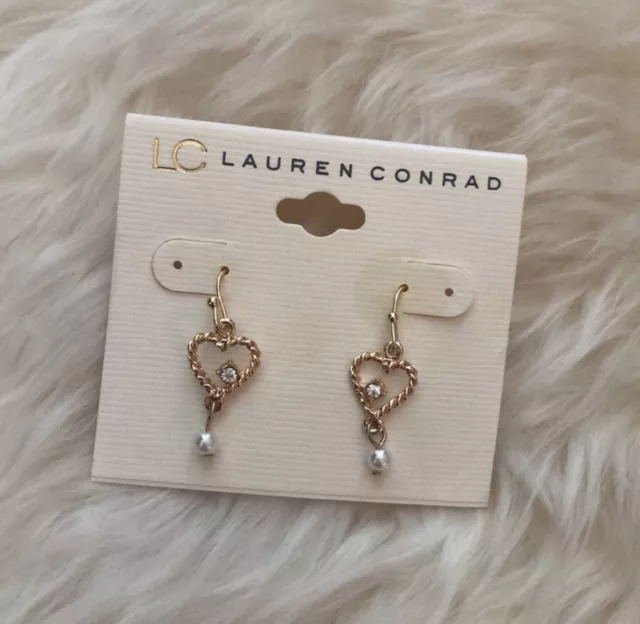 LC Lauren Conrad Gold Heart Drop Earrings Pearl