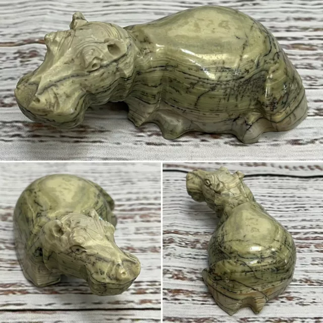 Carved soapstone Green hippo sculpture 4” long hippopotamus Figurine African Art