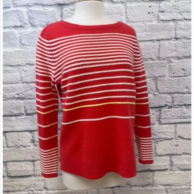 White + Warren Cashmere Pullover Sweater Orange White Stripe Scoop Neck LG