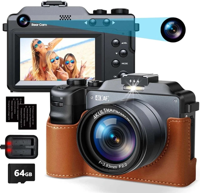 Fotocamera Digitale 4K 64MP, Zoom 18X, Schermo 2.4", Autofocus, Include Scheda SD 32GB, Nera