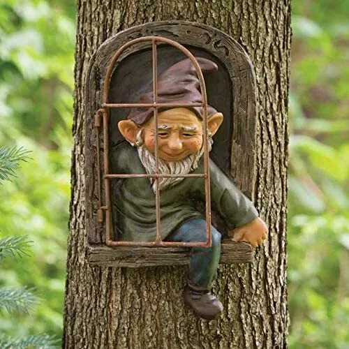 Garden Gnome Tree Sculpture Garden Decoration Fairy Door Outdoor Ornament Elf