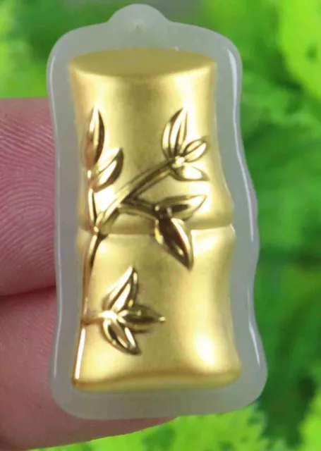 9999 24k Gold Certified Natural A Hetian Nephrite bamboo Pendant 14385a