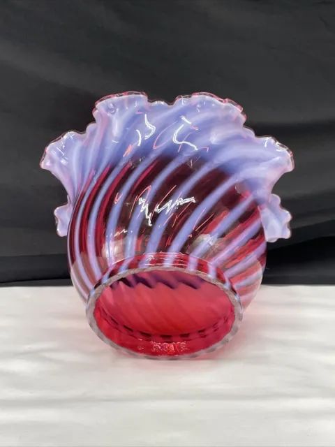 Vtg Fenton Cranberry Opalescent Swirl Ruffled Glass Lamp Shade Gas Oil 4" Fitter 3