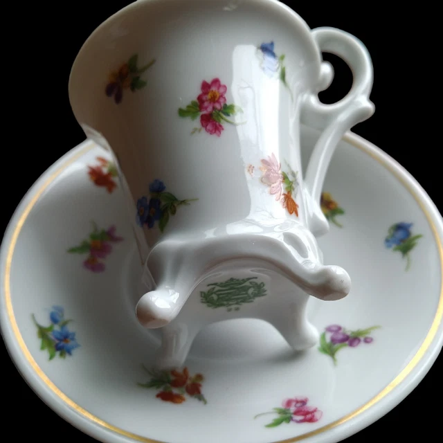 Weimar Porcelain Floral Footed Demitasse Cup and Saucer. Delicate Details.