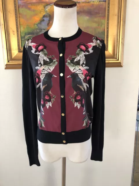 Ted Baker London Black Floral Bird Button Up Sweater Cardigan Women’s Size 1