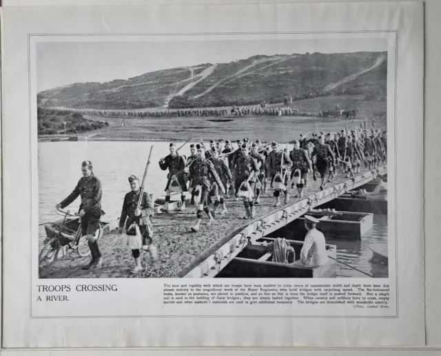 1915 Ww1 Print & Text Royal Troops Crossing River Engineers Built Bridges