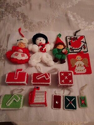Vintage lot of 13 Christmas Ornaments Hand Made Knit Crochet Needlepoint Plastic