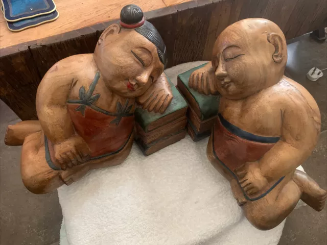 Vintage Chinese Hand Carved Wooden Figurines Sleeping Girl & Boy Bookends LARGE