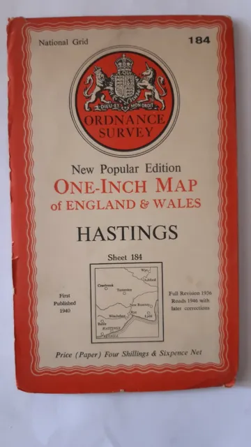1940 OS Ordnance Survey 1" Popular Edition Map 184 Hastings.