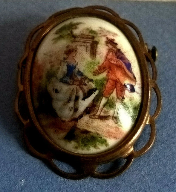 Broche Vintage En Porcelaine De Limoges Bleue - Occasion Bon état - Bijou Ancien